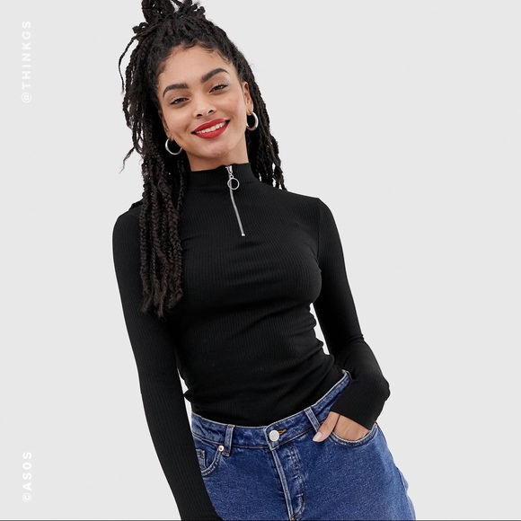 ASOS Black Ribbed Mock Neck with Zipper Pull - Picture 3 of 5